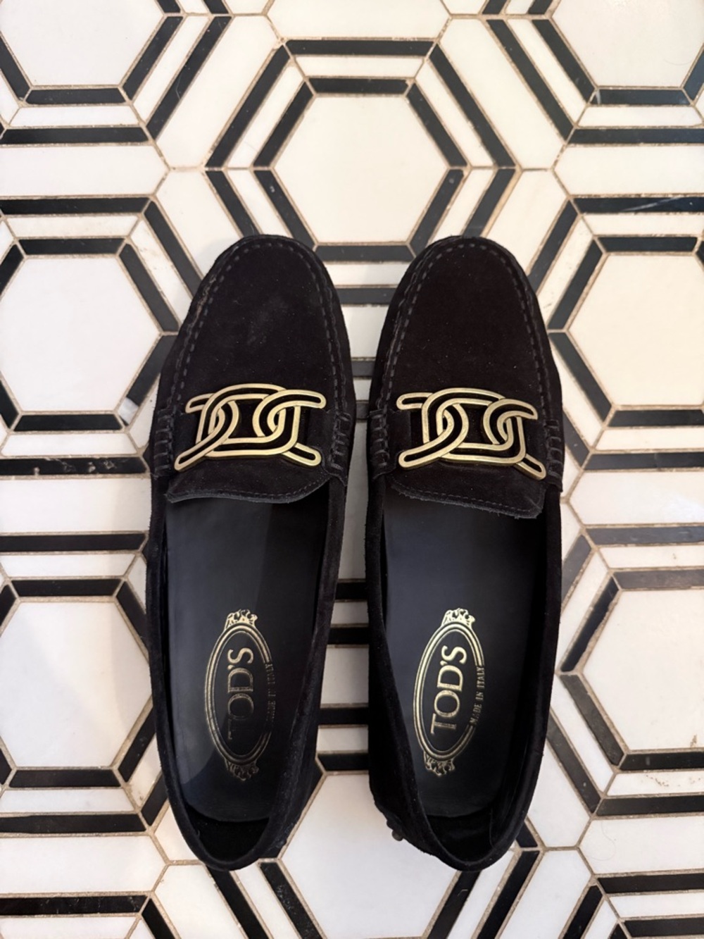 Tod's Black Suede Loafers with Gold Chain Detail